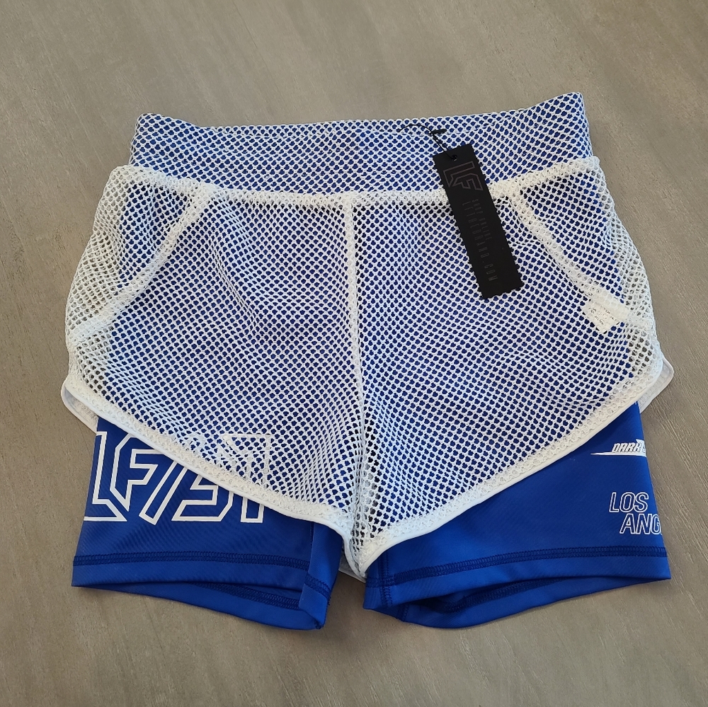 NWT LF The Label Blue and White Mesh Overlay Biker Shorts Streetwear Size Small